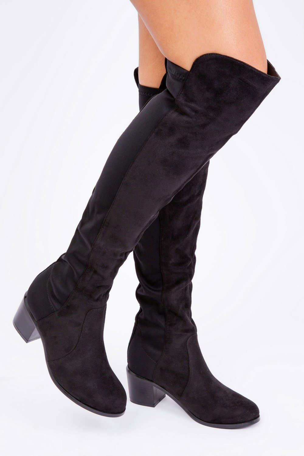 Where's That From Britta Thigh High Mid Heeled Boots in Black Suede