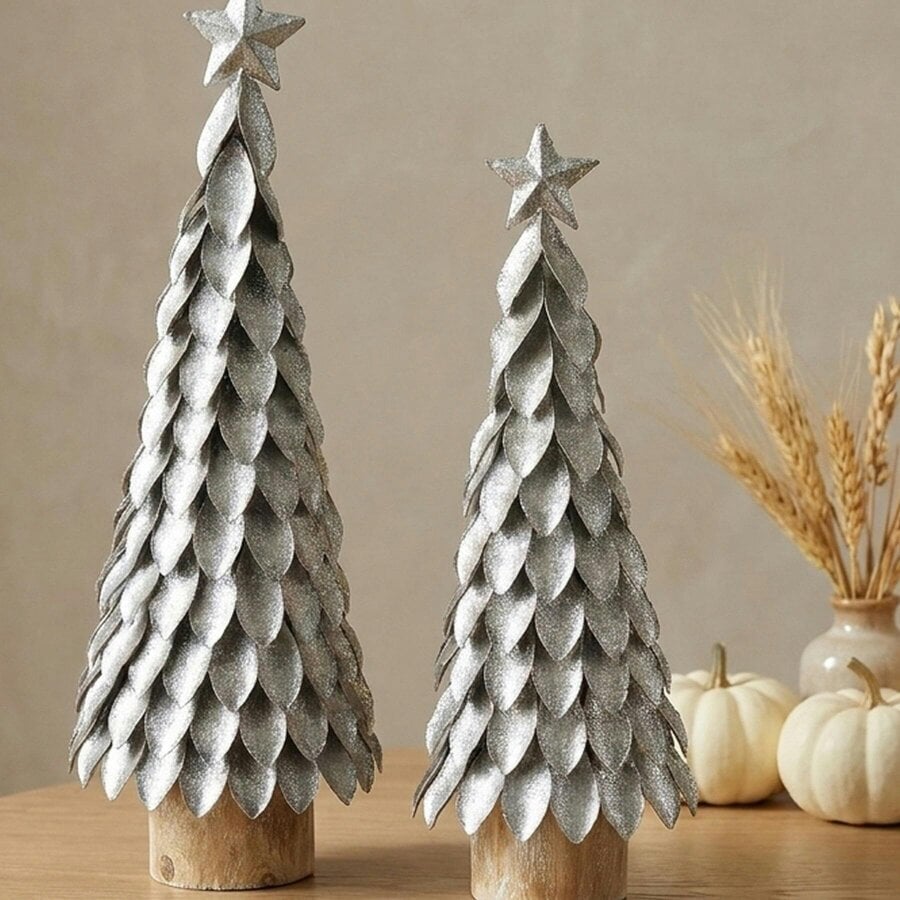 Garden Greatness Silver Leaf Metal Tree Pair on Wooden Logs