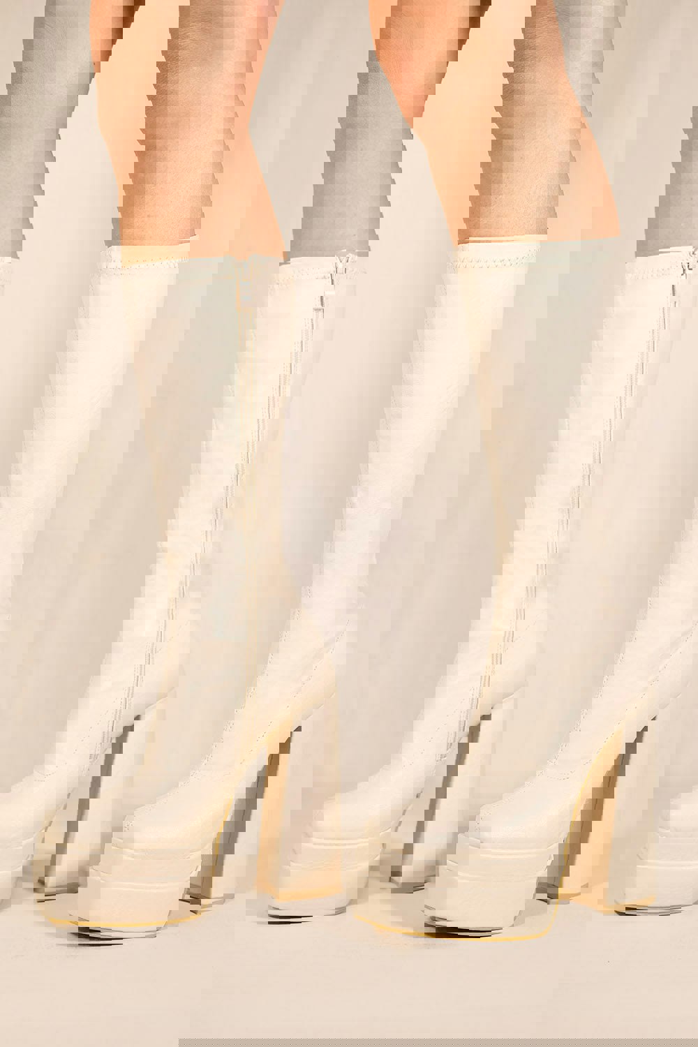 Where's That From Waverly Block Heel Calf High Stretch Boots With Square Toe in Ivory Cream Faux Leather