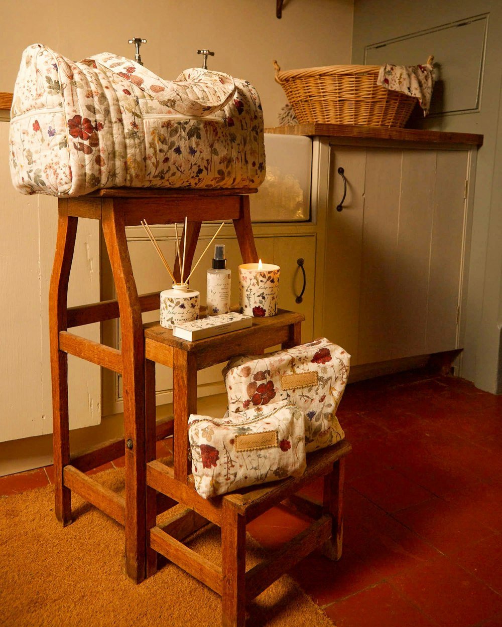 Sia Pressed Floral Print Overnight linen Bag In Cream - image 2