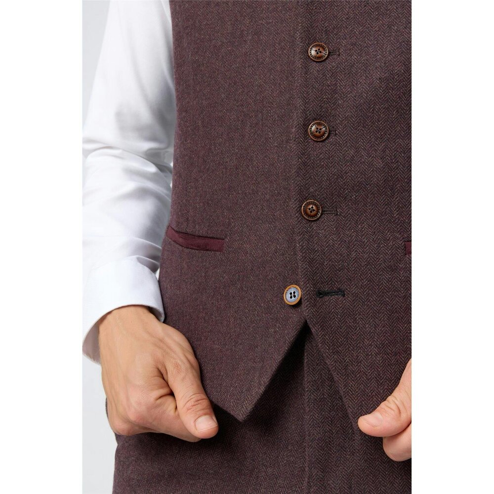Antique Rogue Slim Fit Mulberry Herringbone Tweed Waistcoat