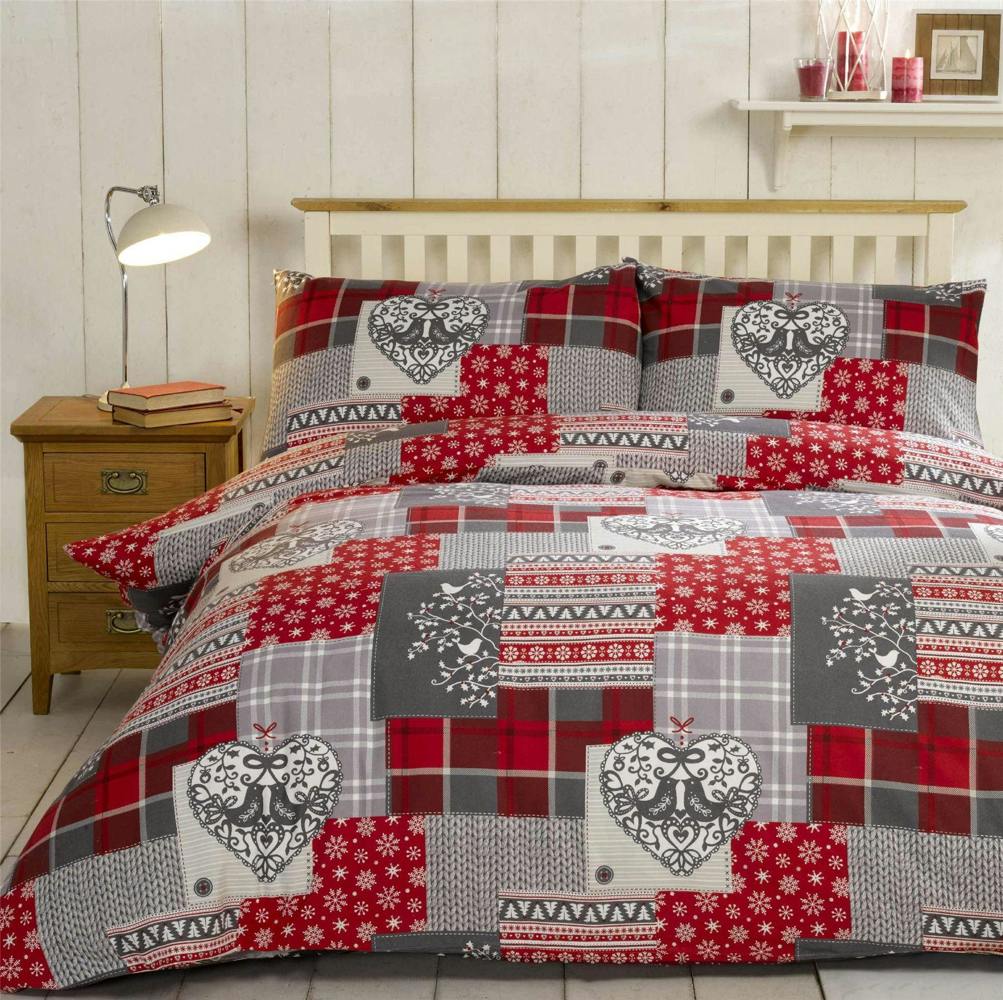 Alpine Patchwork Duvet Cover Set  100% Brushed Cotton - Red - Single