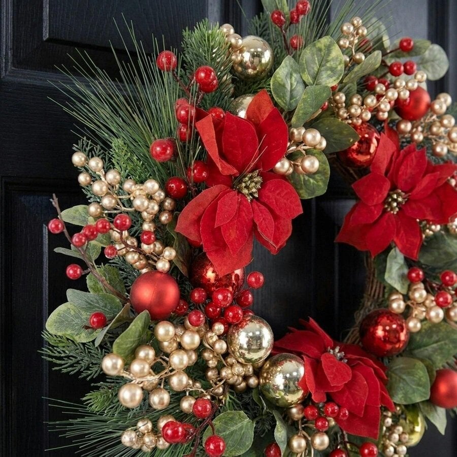 Garden Greatness Festive Frosted Poinsettia Christmas Wreath