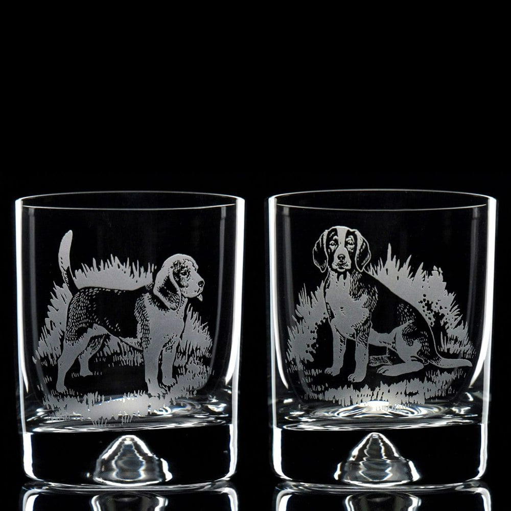 Glyptic Glass Art Beagle Dog Whiskey Tumbler Glass - Hand Etched/Engraved Gift