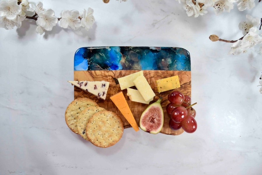 Blue Gold Cheese Board Olive Wood - 5th Wedding Anniversary Gift Ideas