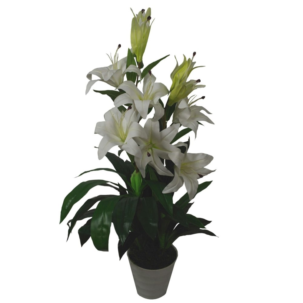 Leaf 90cm (3ft) Artificial Lily Stargazer Style Lillies Plant Large Flowers White