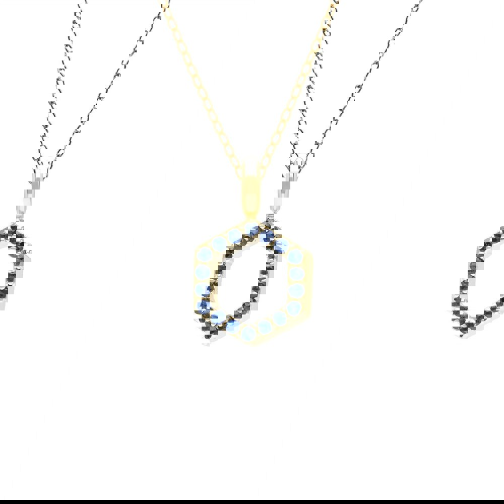 Geometric Hex Sapphire Pendant Necklace in 9ct Yellow Gold Front
