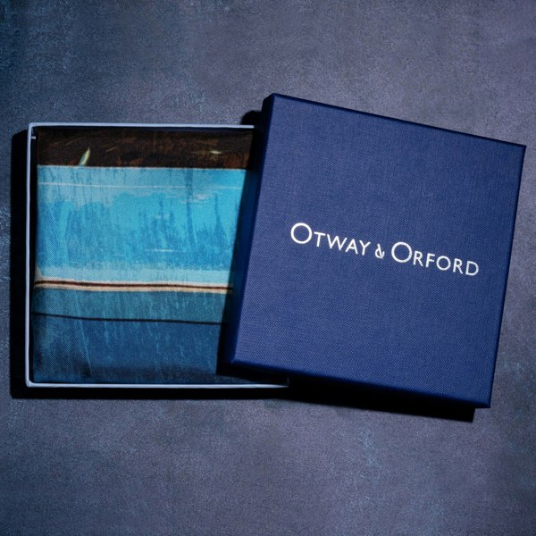 1960s American muscle car silk pocket square in blue & orange by Otway & Orford folded in gift box