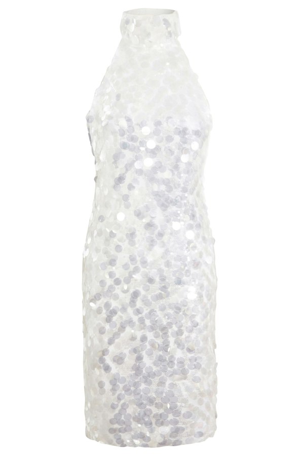 a Sarvin White Backless Mini Dress with sequins on it.