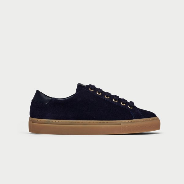 navy suede trainers side view