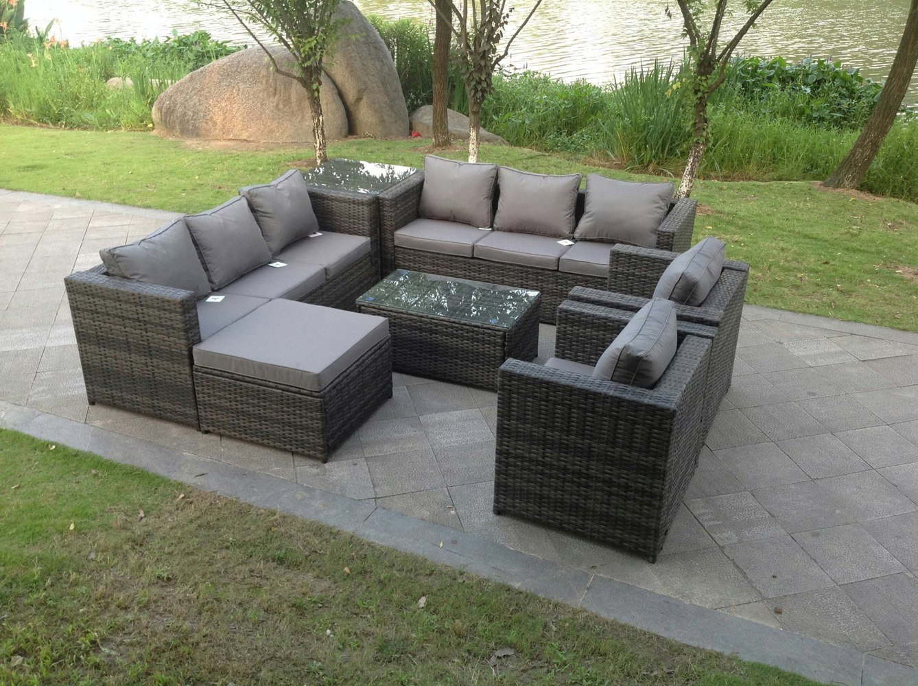 Fimous Outdoor Rattn Garden Furniture Sofa Set Rectangular Coffee Table Lounge Sofa Chair Footstool With Side Coffee Table