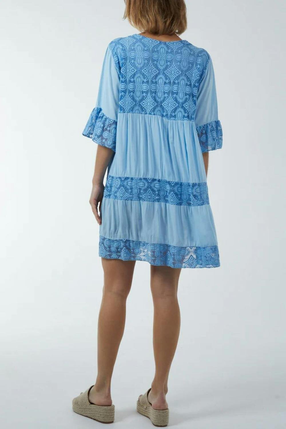 Hoxton Gal Oversized 3/4 Sleeves Lace Detailed V Neck Mini Dress in Baby Blue