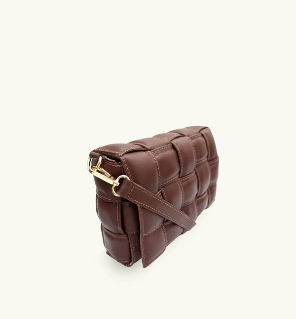 Apatchy London Padded Woven Leather Crossbody Bag With Gold Chain Strap - Chestnut