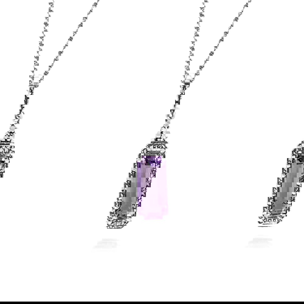 214P311403925 Art Deco Inspired Octagon Cut Amethyst & Marcasite Pendant Necklace in Sterling Silver 1