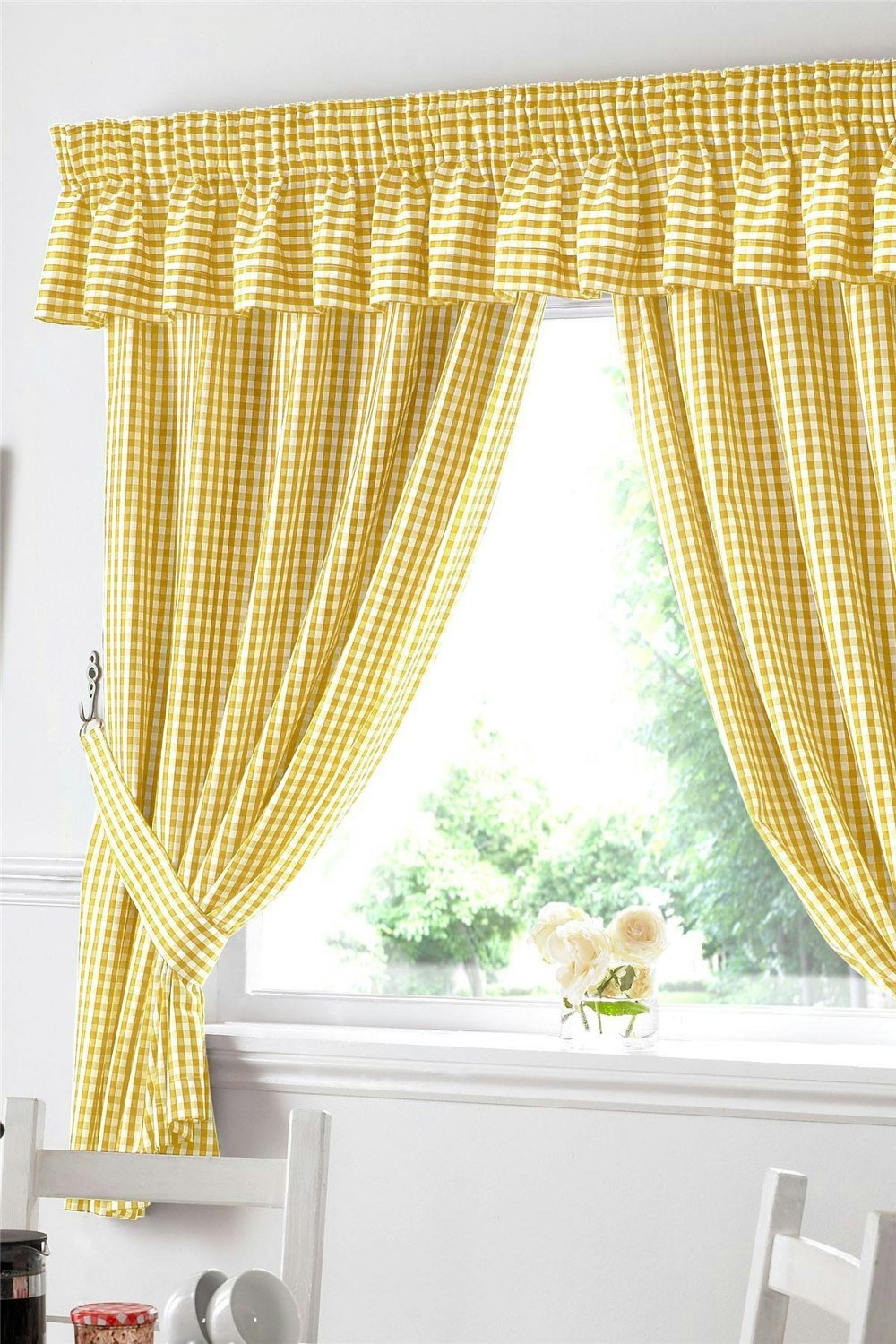 Alan Symonds Gingham Yellow Checkered Taped Curtains With Tie Backs