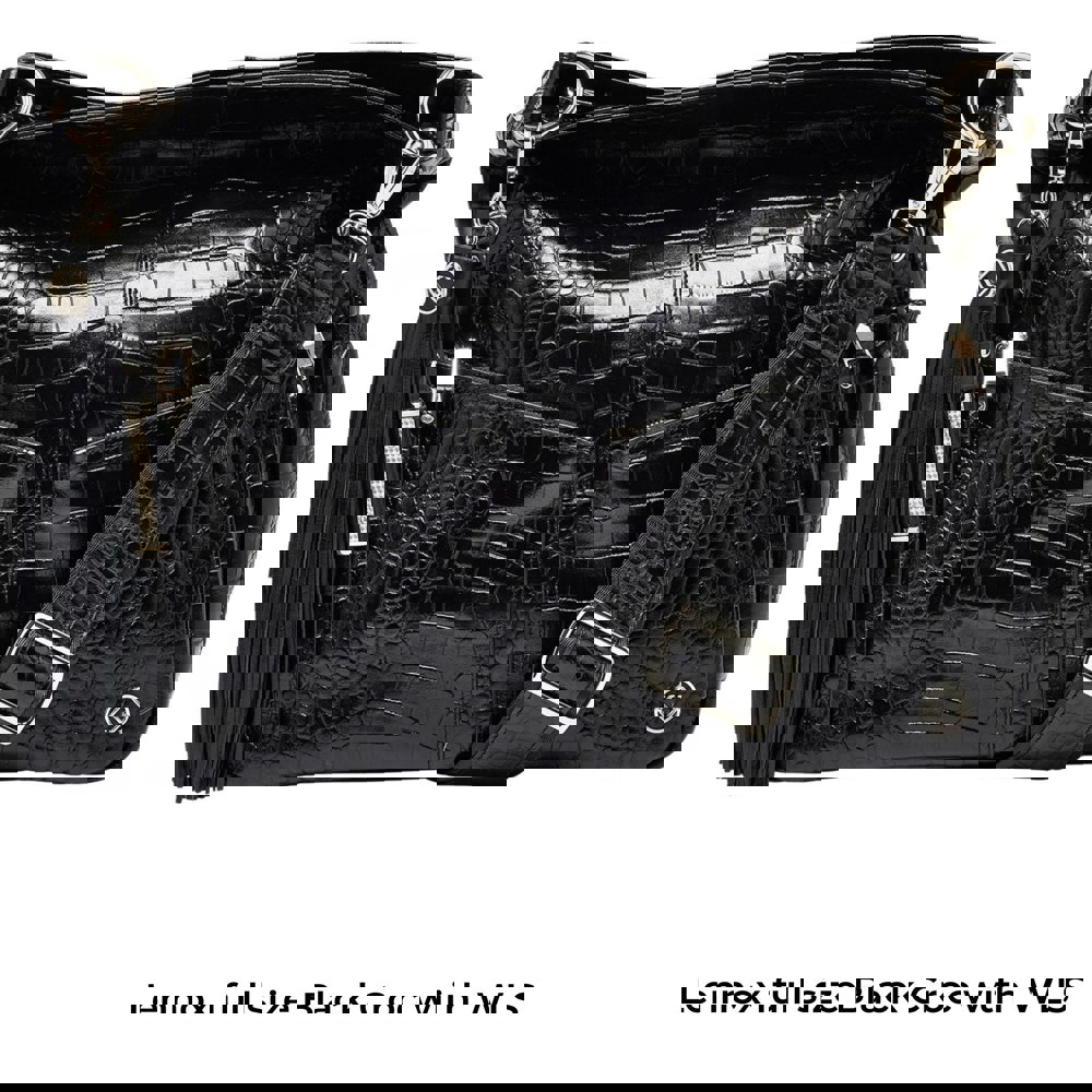 black croc wide leather cross body strap attached to lennox black embossed ladies laptop bag
