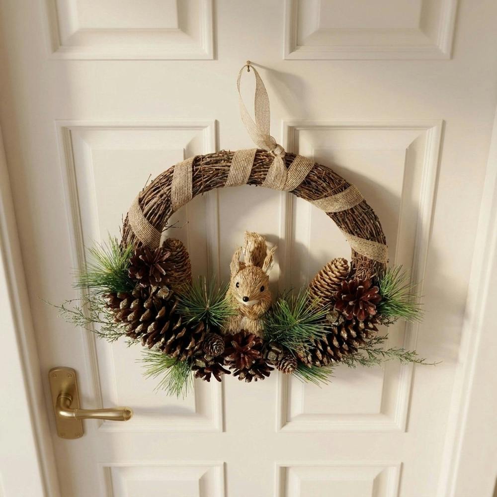 Garden Greatness Natural Pine Cone Squirrel Half Wreath