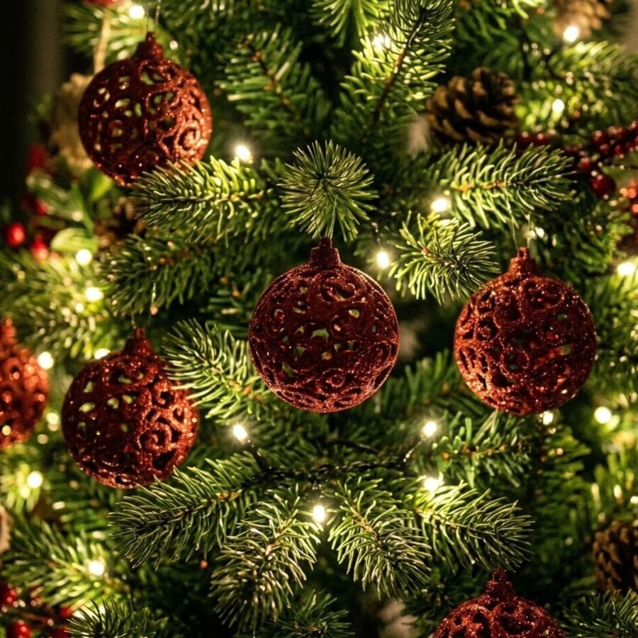 Garden Greatness 4 Pack Traditional Red Lattice Glittered Baubles