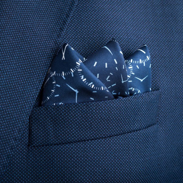 Chronos watch dial design silk pocket square in navy blue by Otway & Orford folded in top pocket