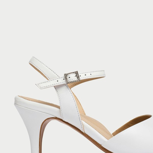 glenda white leather heel with diamante buckle