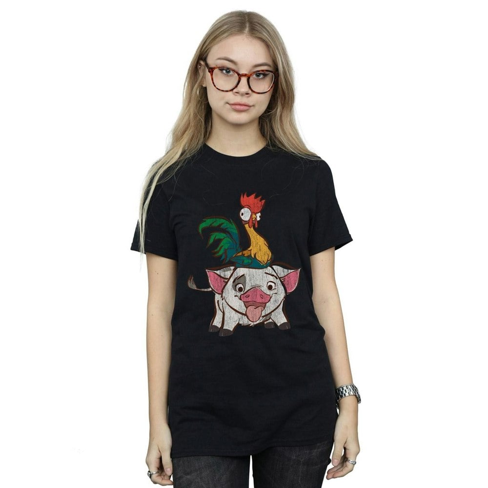 Disney Womens/Ladies Moana Hei Hei And Pua Cotton Boyfriend T-Shirt - Black