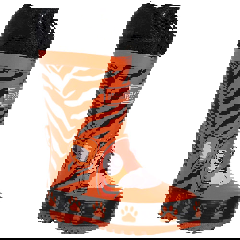 Regatta Kids Mudplay Tiger Print Wellington Boots - Blaze Orange