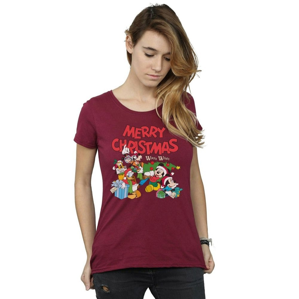 Disney Womens/Ladies Mickey And Friends Winter Wishes Cotton T-Shirt - Burgundy