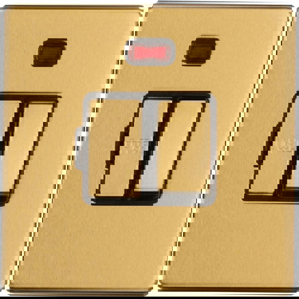 1 Gang 13A Switched Fuse Spur Neon SCREWLESS SATIN BRASS Rocker Mains Isolation