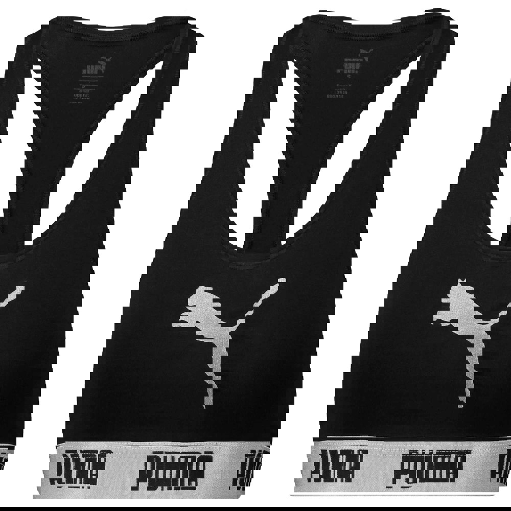 Puma Cotton Modal Stretch Cat Logo Racerback Bra, Black / Silver