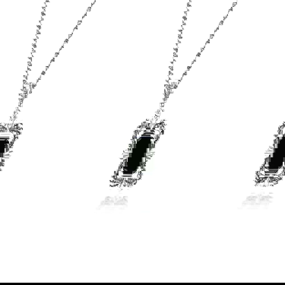 Art Deco Style Baguette Onyx and Marcasite Pendant Necklace in Sterling Silver 214P334502925 