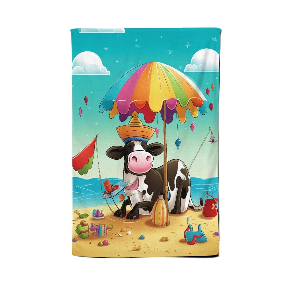 Warren Reed Cow On A Beach Holiday Tea Towel