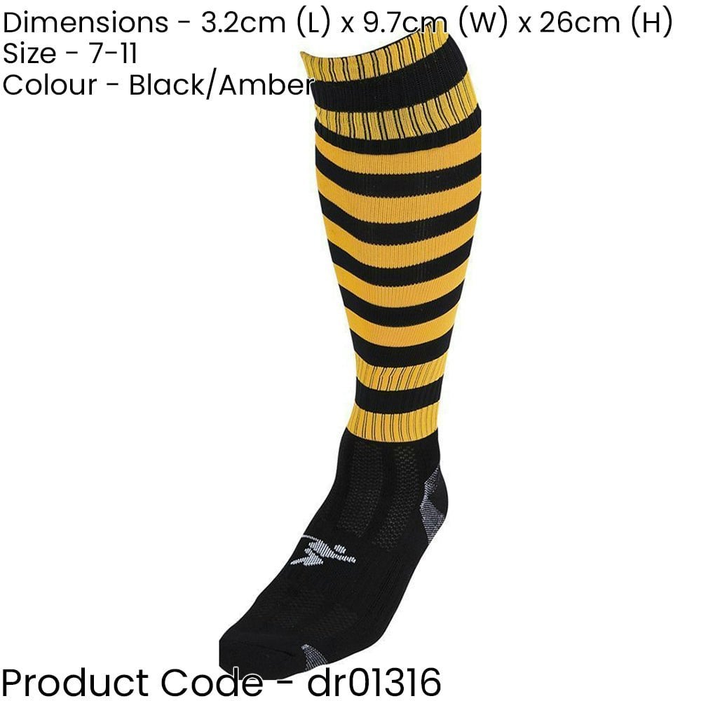 ADULT Size 7-11 Hooped Stripe Football Socks - BLACK/AMBER - Contoured Ankle