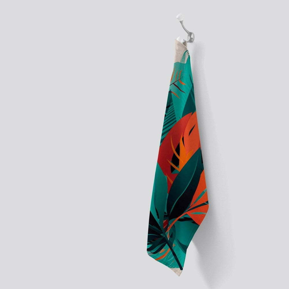 Warren Reed Green Orange Tropical Leaves Tea Towel