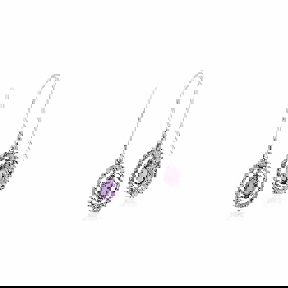 214E872805925 Classic Pear Amethyst & Marcasite Round Halo Drop Earrings in Sterling Silver 1