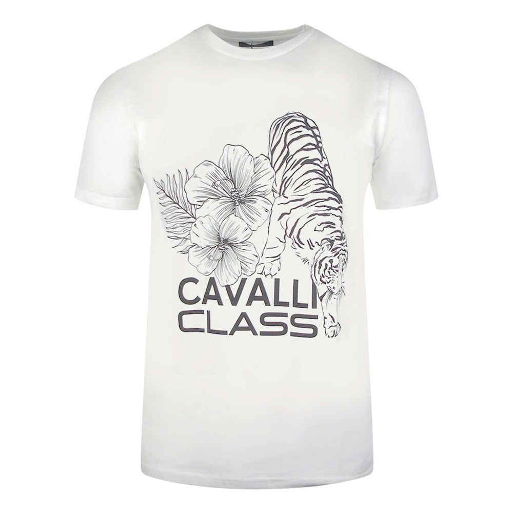 Cavalli Class Floral Tiger Design White T-Shirt