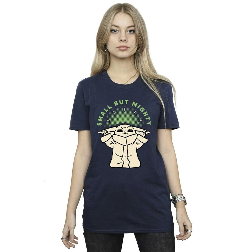 Star Wars Womens/Ladies The Mandalorian Small But Mighty Grogu Cotton Boyfriend T-Shirt - Navy Blue