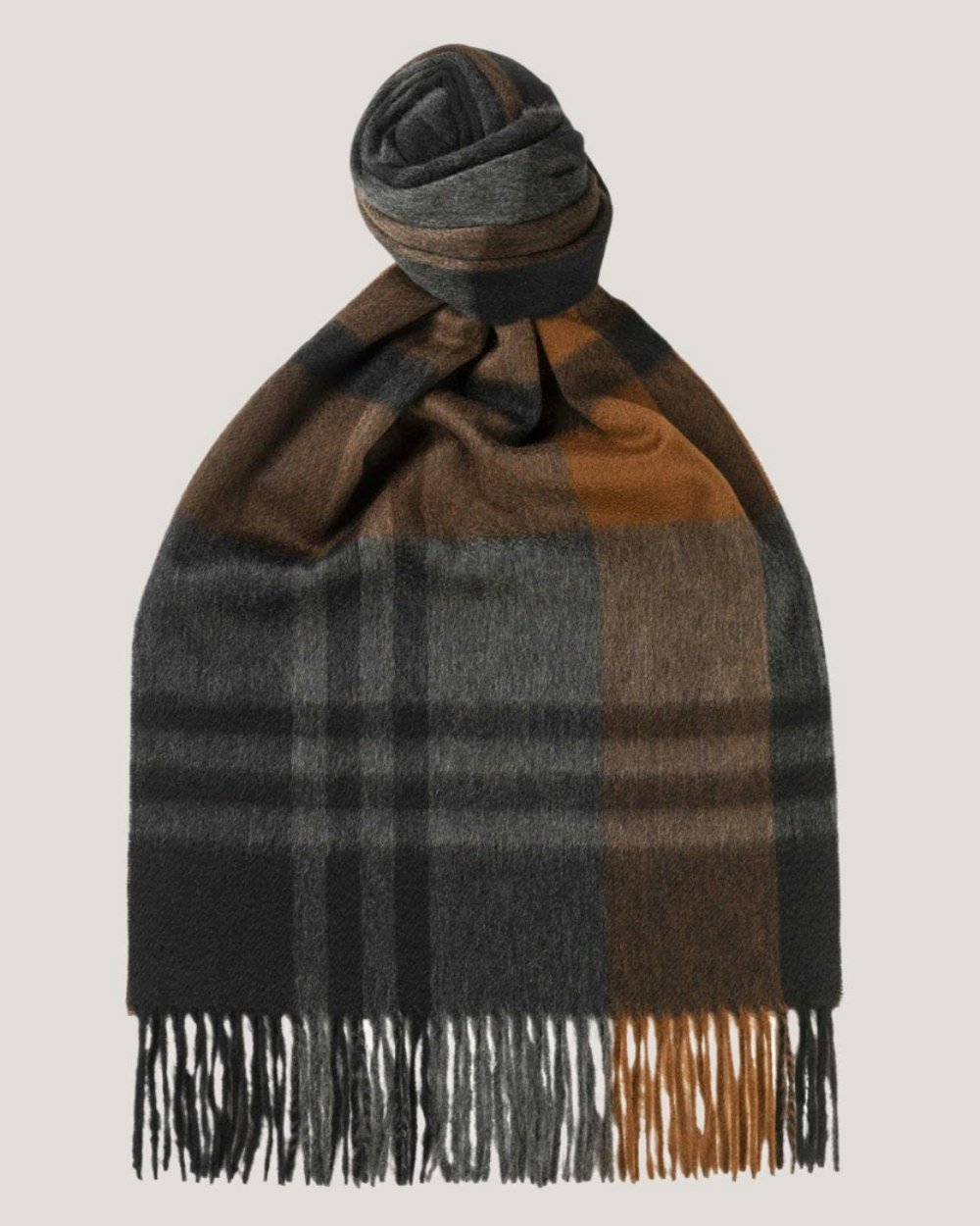 Joshua Ellis Primary Black Watch Cashmere Scarf Brown