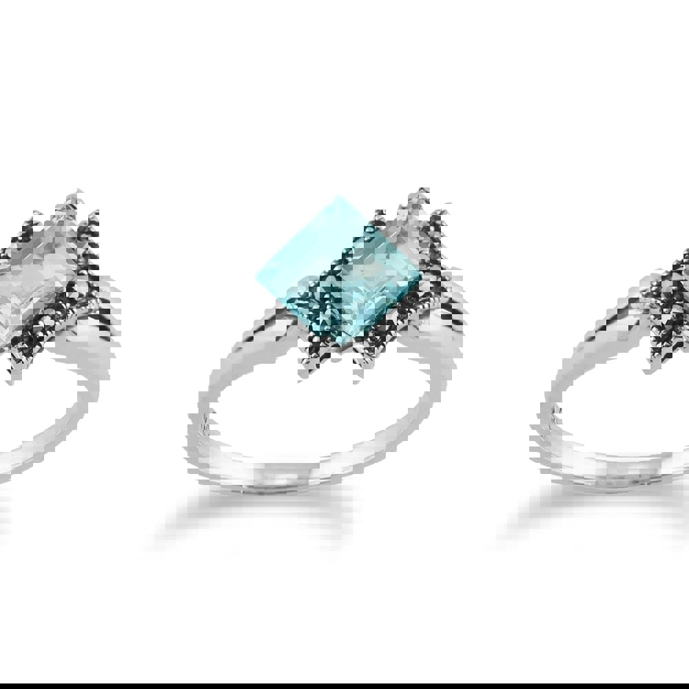 Art Deco Style Square Blue Topaz & Marcasite Ring in 925 Sterling Silver - Gemondo
