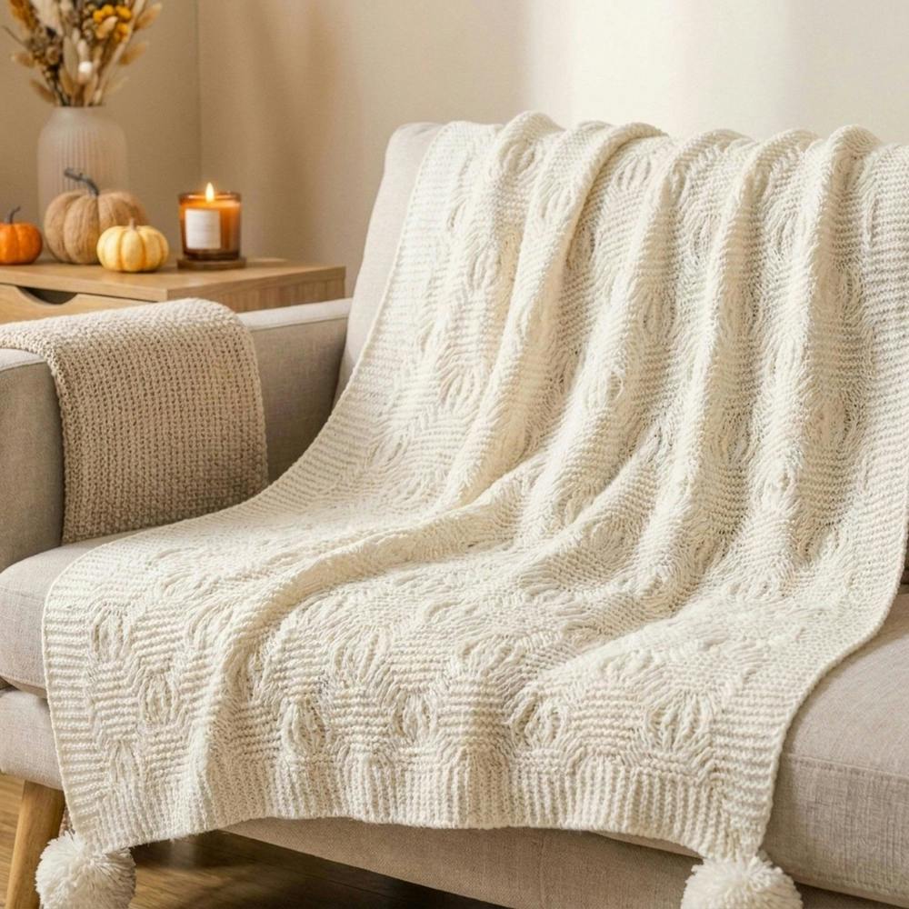 Garden Greatness Cream Soft Chenille Knit Pom Throw