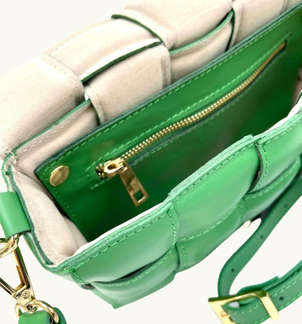 Apatchy London Padded Woven Leather Crossbody Bag With Gold Chain Strap - Bottega Green