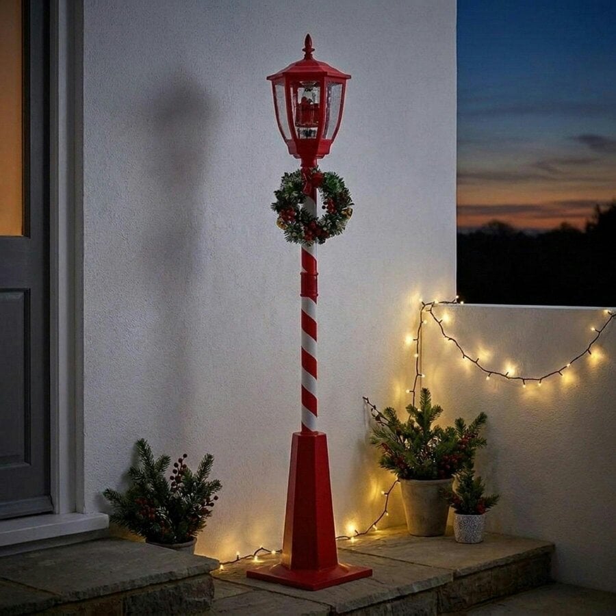 Garden Greatness Lit Musical Lamp Post Snow Blower with Santa Scene