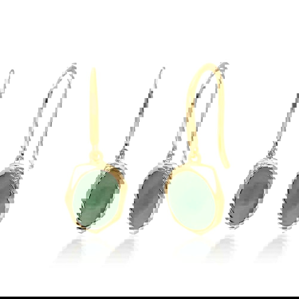 270E027102925 Irregular B Gem Jade & Diamond Drop Earrings In Yellow Gold Plated Silver 1