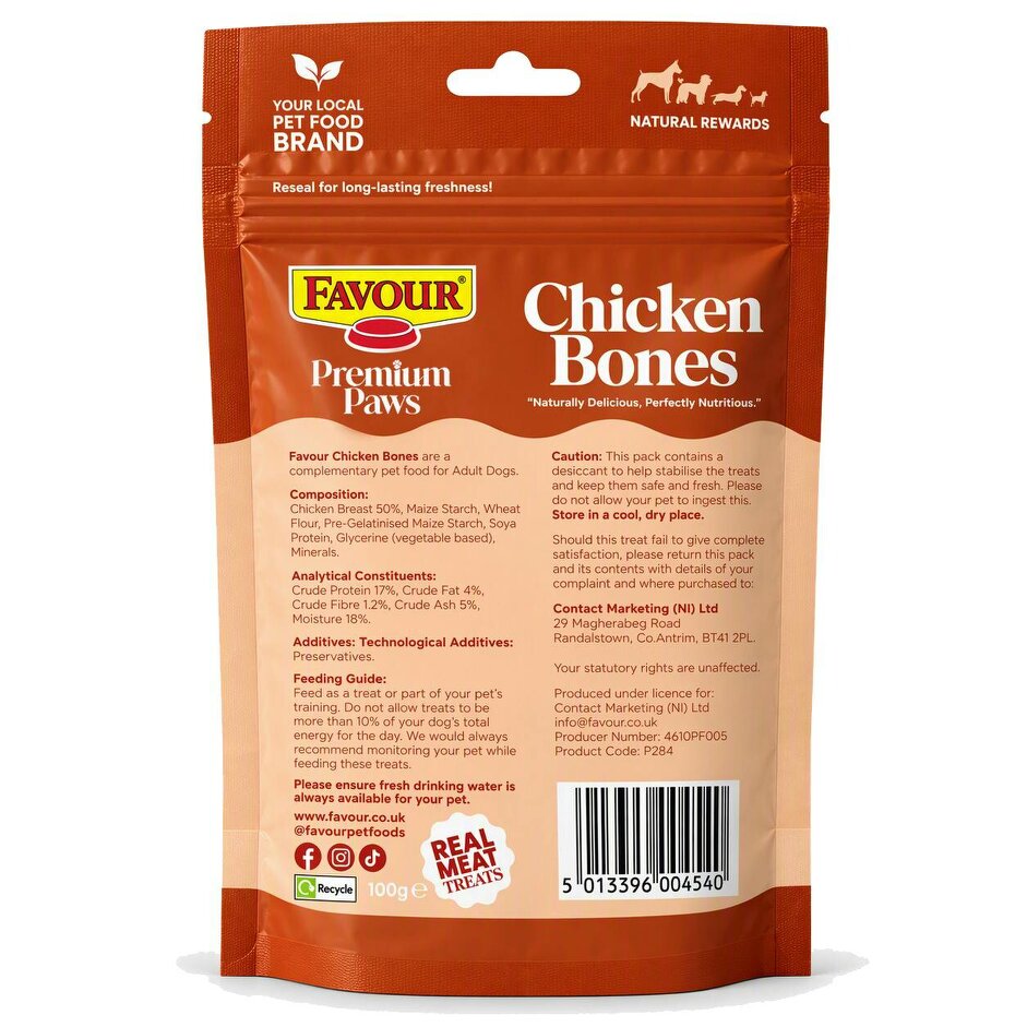 Favour Premium Paws Chicken Bones Dog Treats 100g
