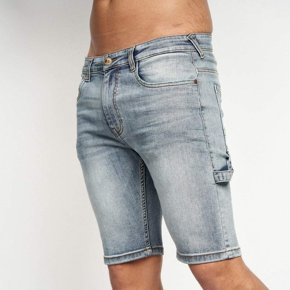 Crosshatch Mens Carpenter Denim Vintage Shorts - Vintage Blue Wash