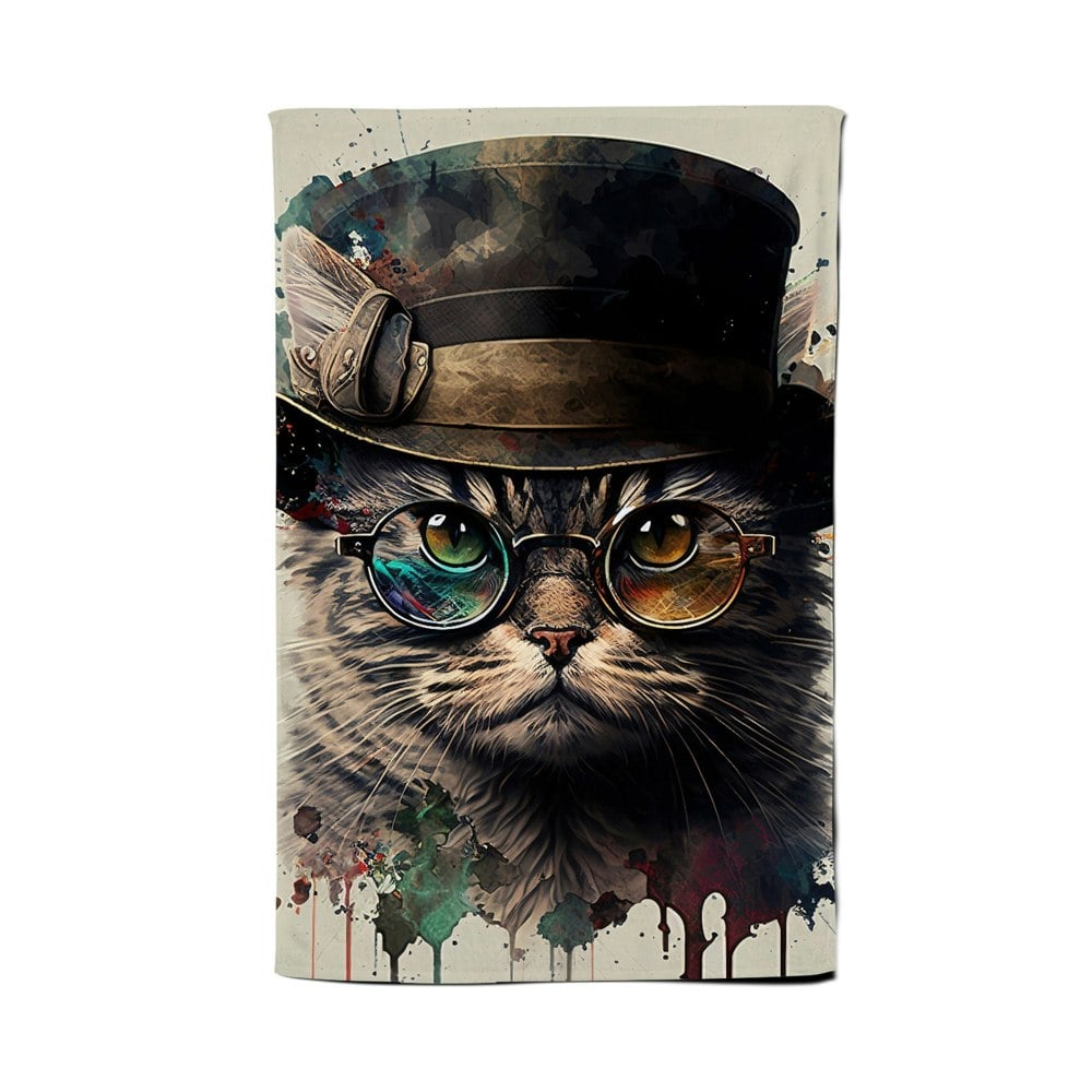 Warren Reed Cat With Glasses And Hat Splashart Tea Towel