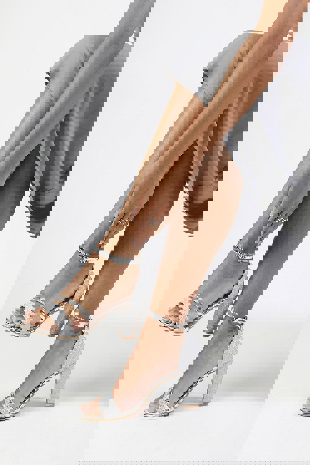 Where's That From Aceline Mid High Block Heel Sandals With Ankle Strap in Silver