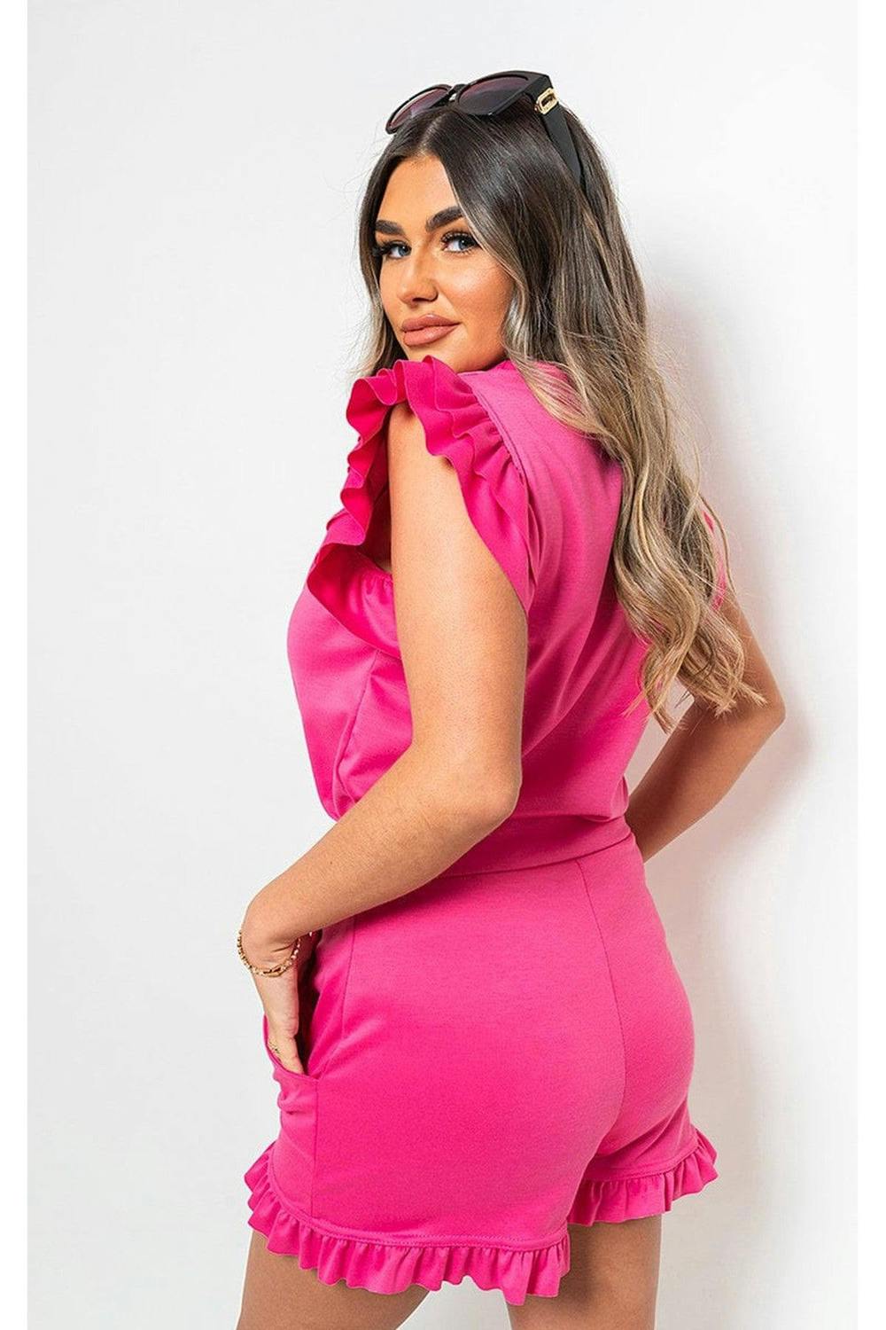Avie Plain Frill Peplum Sleeve Top Shorts Co-ord Set - Fuschia