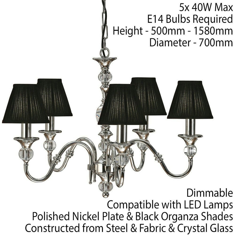 Diana Ceiling Pendant Chandelier Bright Nickel & Black Pleat Shade 5 Lamp Light Loops