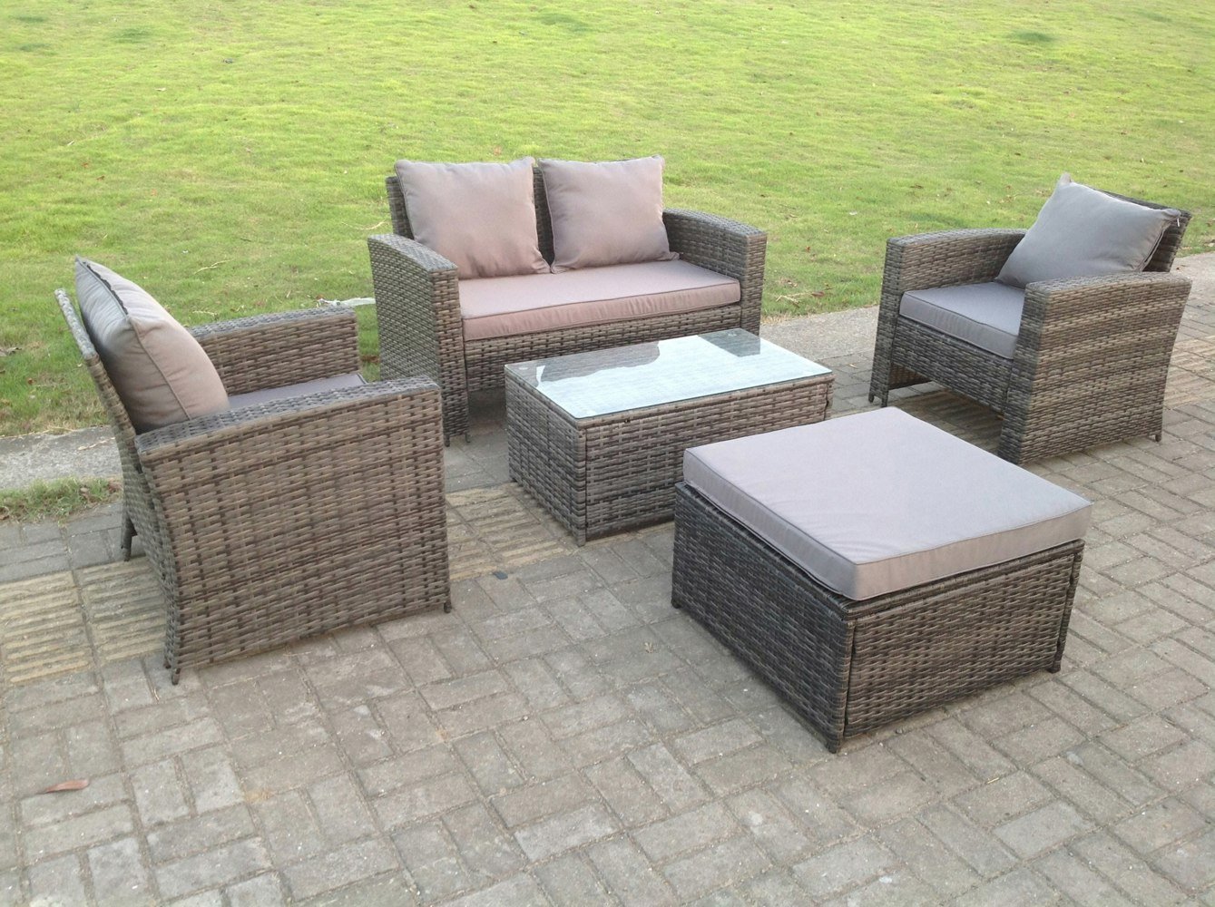 Fimous 5 Seater Grey Mixed High Back Rattan Sofa Set Coffee Table Garden Furniture Outdoor