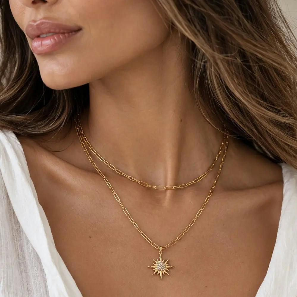 Luxe Tones Sabine Luxe 18k Gold Plated Crystal Sunburst Double Layer Necklace